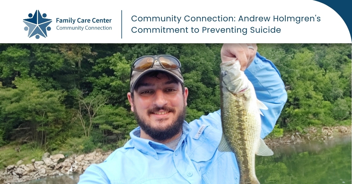 Photo of therapist Andrew Holmgren holding a fish, one of his hobbies outside of work.