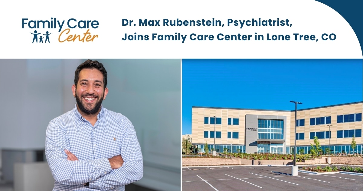 Headshot of Dr. Max Rubenstein in a blue dress shirt next to the Lone Tree clinic in Colorado.