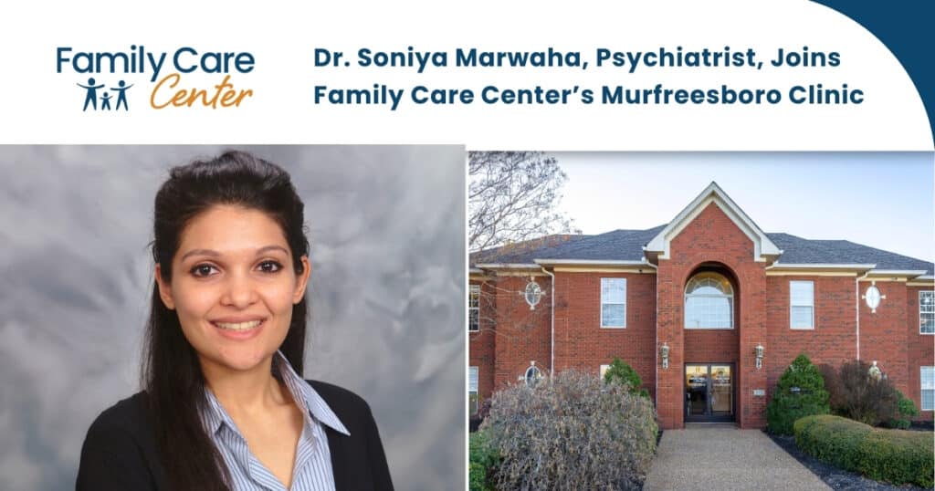 Headshot of Dr. Marwaha wearing a black blazer next to her Murfreesboro clinic.