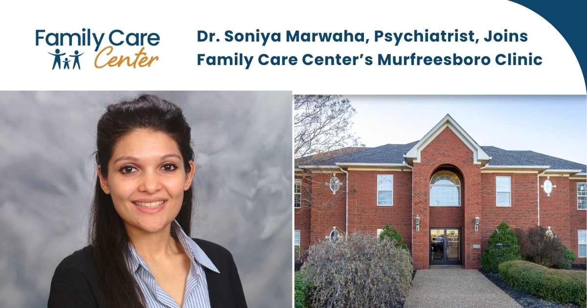 Headshot of Dr. Marwaha wearing a black blazer next to her Murfreesboro clinic.