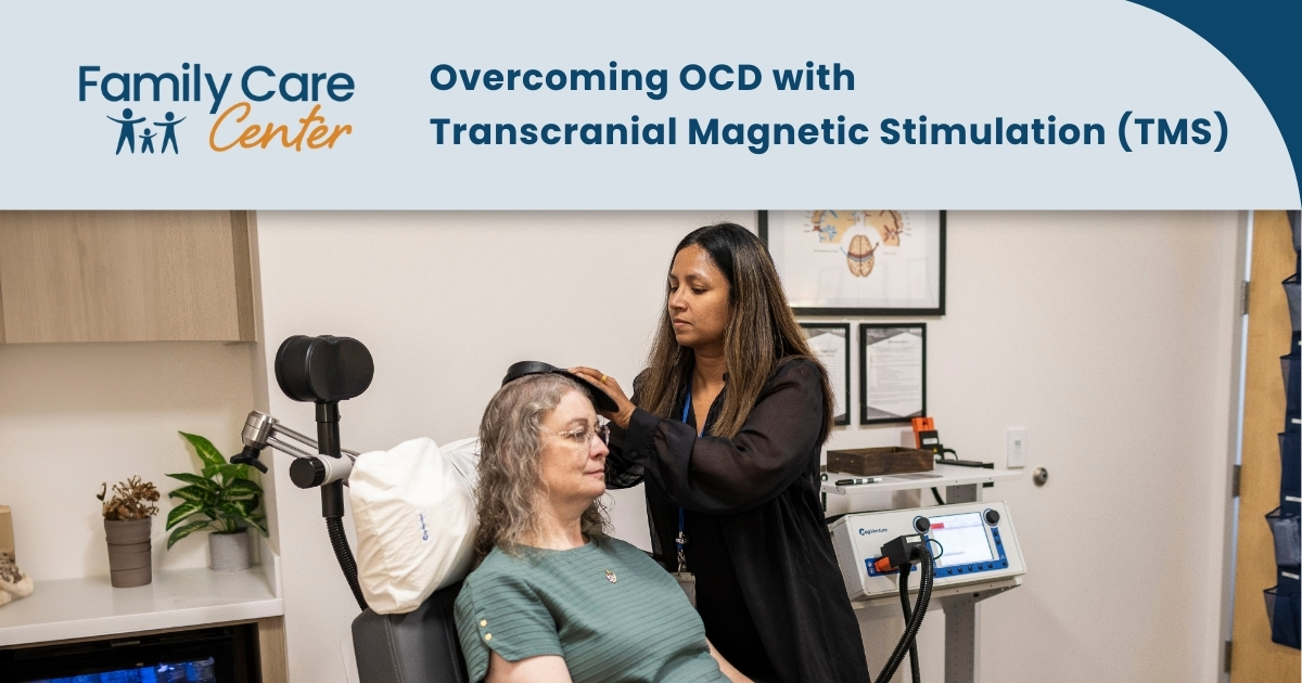 An older woman receives TMS treatment for her OCD.