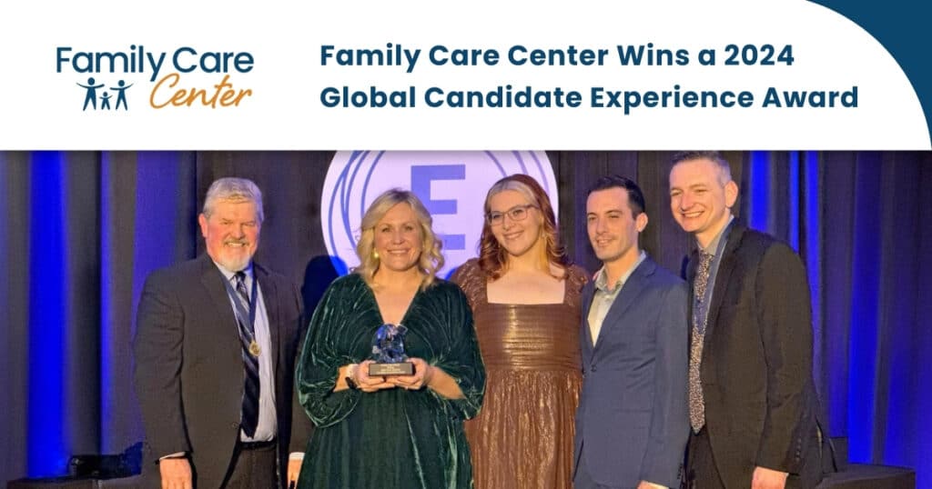 The Family Care Center recruitment team receives a 2024 CanE Award at an event in California.