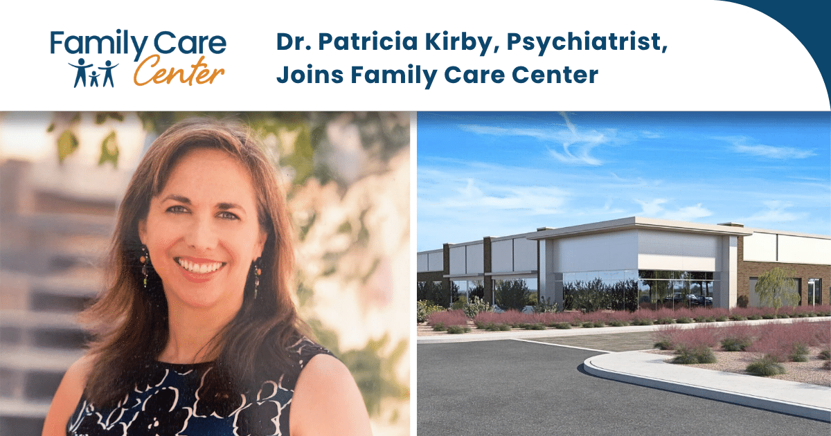 Headshot of Dr. Kirby in a black top and the North Peoria clinic in Arizona