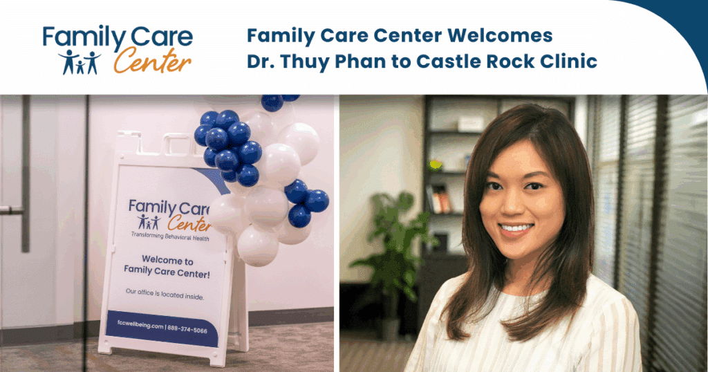 Headshot of Dr. Thuy Phan, Castle Rock psychiatrist, next to the new clinic signage.
