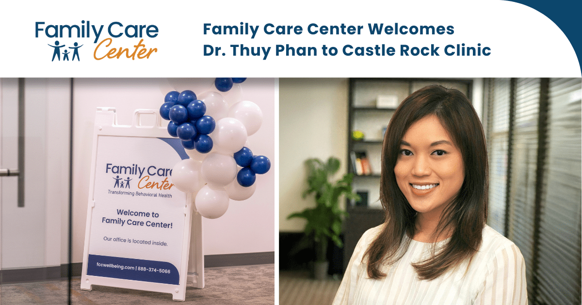 Headshot of Dr. Thuy Phan, Castle Rock psychiatrist, next to the new clinic signage.