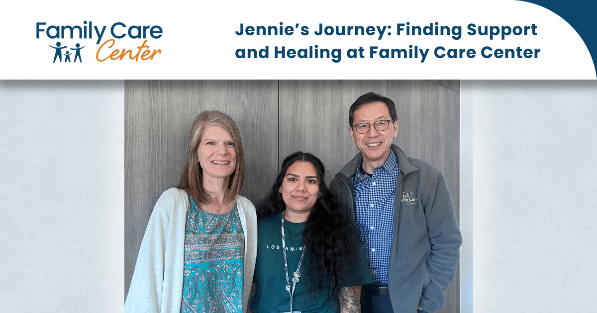 Jennie's integrated care team at Family Care Center featuring Psychiatrist Dr. Anthony Park, Therapist Cristyn Smith, and TMS specialist Marina Labra.