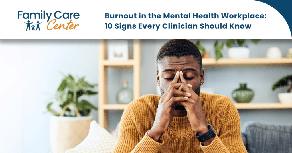 Photo of African American male clinician experiencing burnout in the mental health workplace.
