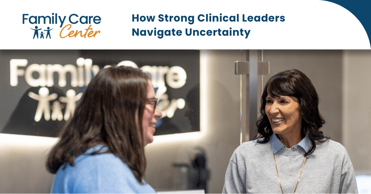 Two female clinical leaders have a discussion in a Family Care Center clinic