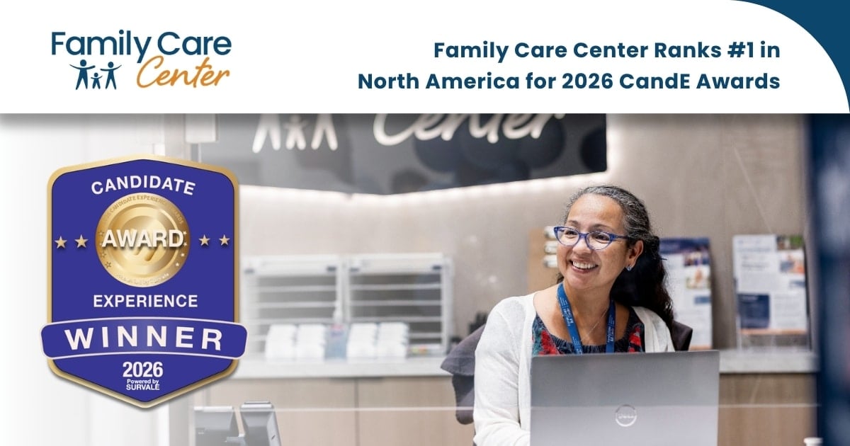 Family Care Center employee at Front Desk and a photo of the CandE award badge