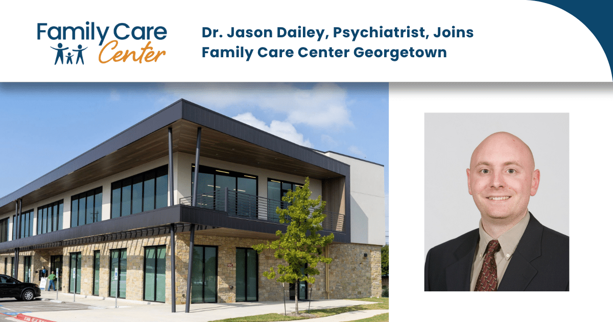 Family Care Center Georgetown building with Dr. Daily next to it in a dark suit